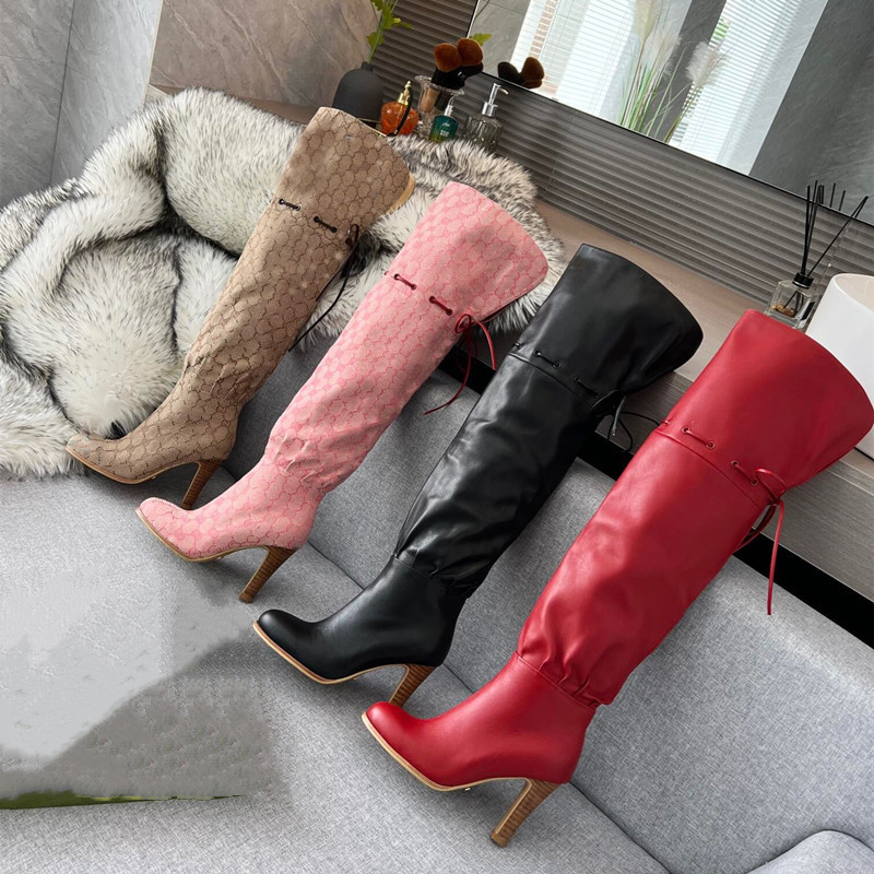 

Womens Winter Sexy Over The Knee Thigh High Long Boot High Heeled Luxury Designer 2021 Round Toe Wide Calf Fashion Knee High Boots Pluz Size, Beige short no box