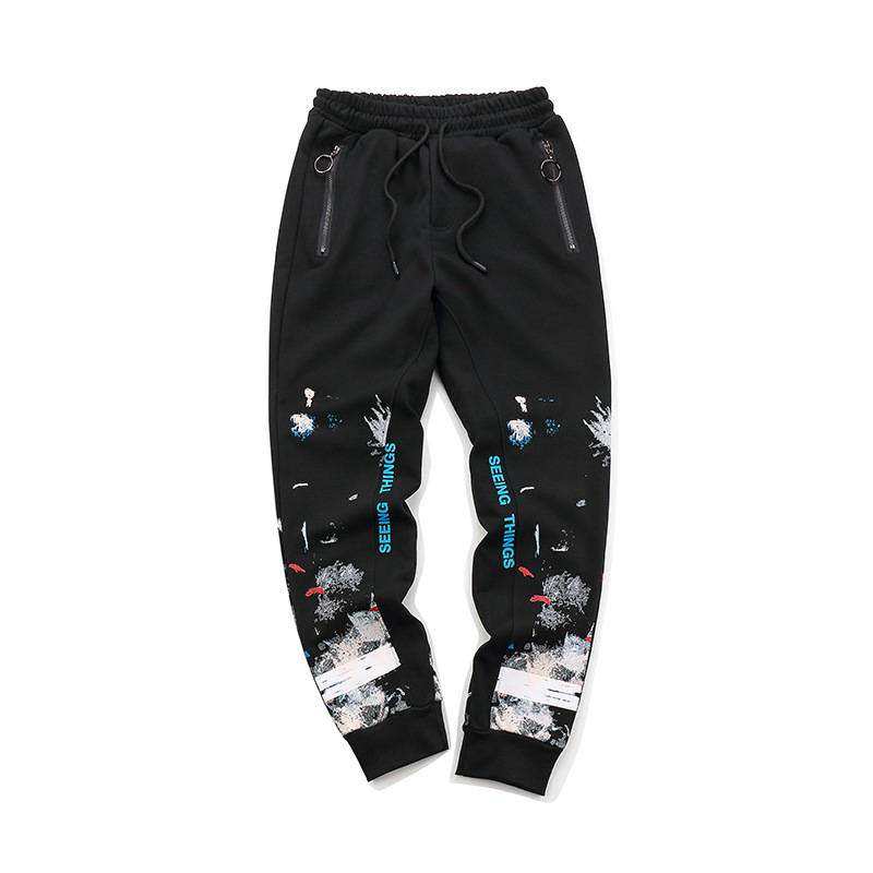 

Fashion Brand White Star Fireworks Suit Autumn Slacks Off Men's and Women's Casual Pants w Ink Graffiti, Black