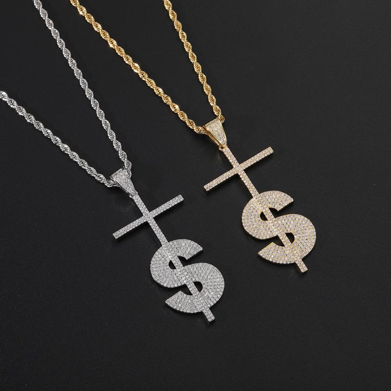 

Pendant Necklaces Hip Hop Micro Paved Cubic Zirconic Bling Iced Out Dollar Sign Cross Pendants For Men Rapper Jewelry Drop