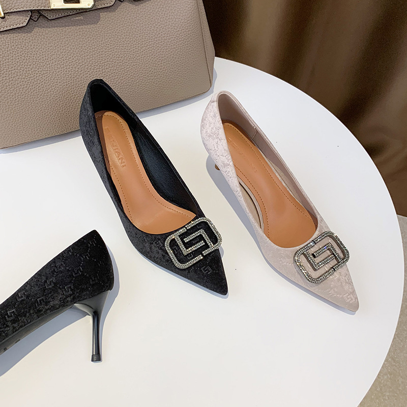 

f sandals double 3068-60 korean plush high heels women's pointed slim heel shoes spring work ptr9, Black