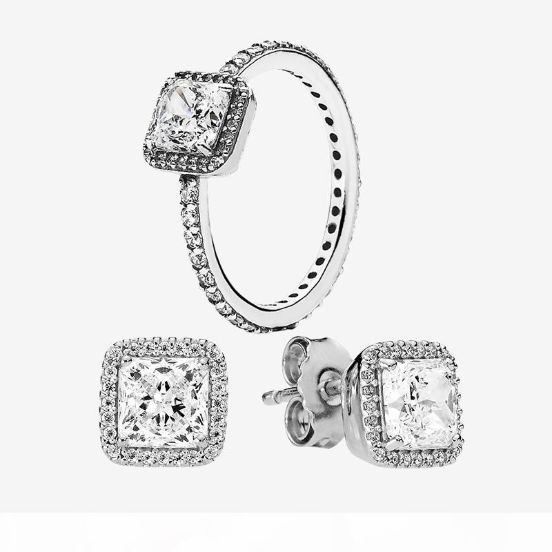 

Wedding Ring & Earring sets authentic 925 Silver Jewelry for Pandora Square CZ diamond elegant Rings Stud Earrings with Original box, Slivery;golden