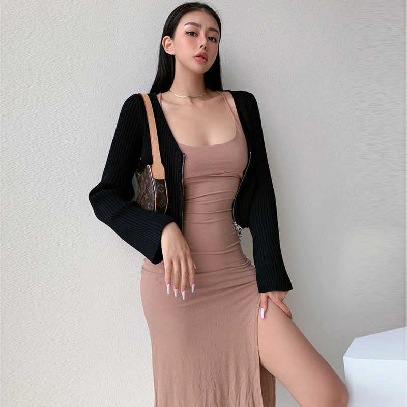 

WOMENGAGA Sexy Big Backless Bandage Dress Solid Color Slim Skinny Sleeveless Fashion Women Dresses N41Y 210603, Khaki