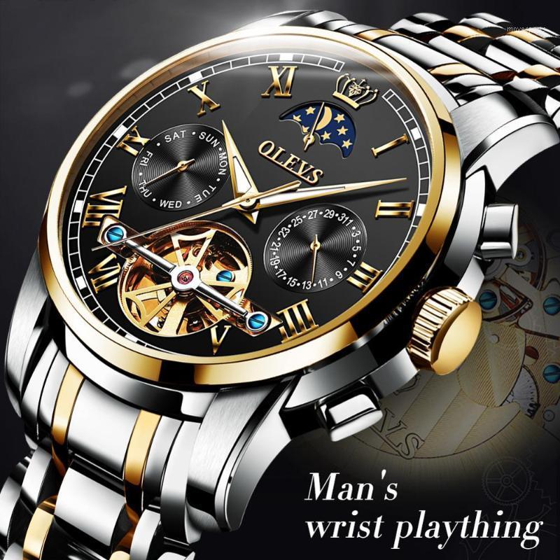 

Wristwatches Luxury Automatic Mechanical Watch Men Stainless Steel Sport Watches Tourbillon Waterproof Calendar Relogio Masculino Gold, Green