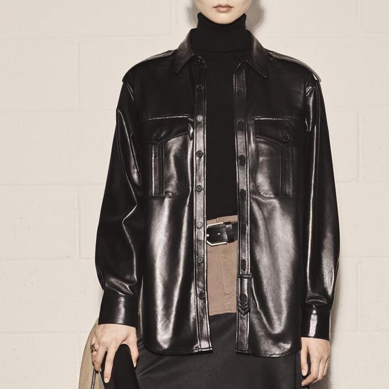 

Elina Fashion Casual Turn Down Collar Blouses Women Elegant Black PU Leather Shirts Single Breasted Pockets Tops Ladies Women's &, White