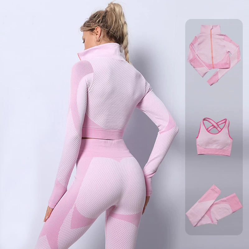 

3PCS Seamless Women Yoga Set Workout Sportswear Gym Clothing Fitness Long Sleeve Crop Top High Waist Leggings Sports Suits, Black