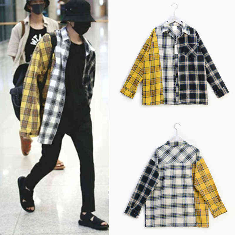 

New Kpop Bangtan Boy SUGA Same Unisex Fashion Plaid Blouse Sweatshirt Korean Style Pocket Multicolor Lightweight Shirts Q0901 Y1229, Color 3