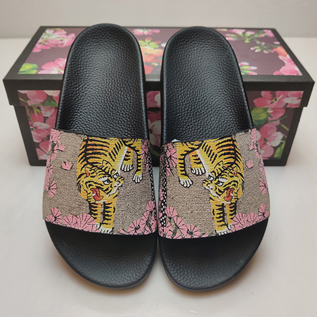 

Ladies Wide Women Men Summer slides Sandals Slippers Flat Fashion Sandal Slipper Pearl Tiger Snake Pattern Slide with box, Black