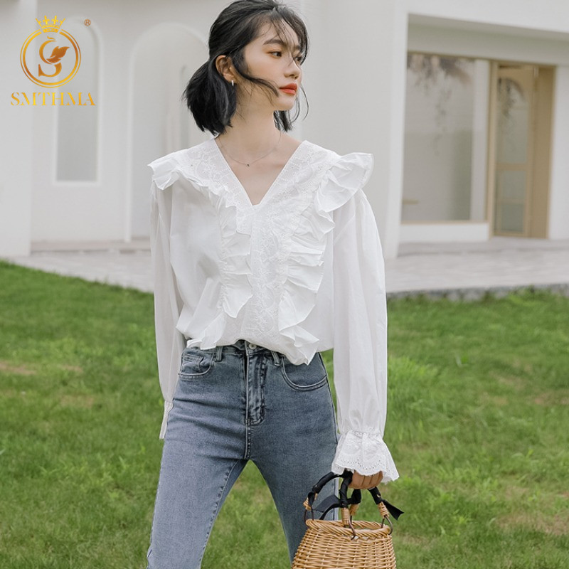 

Women Spring Blouse Shirts Fashion Casual Ruffles Flare Sleeve Lace Loose Wild Tops 210520, Picture color