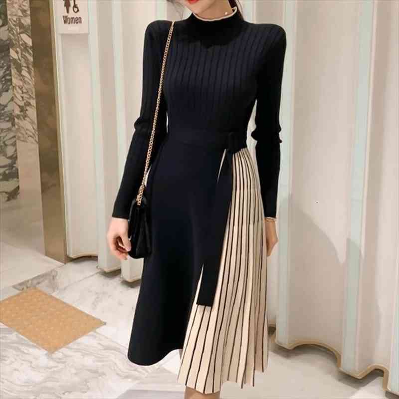 

Runway Fashion Elegant Office Womens Dresses Work Style High Quality Winter Knit Elastic Patchwork Lace Up Pleated A Line Dress, Black;gray