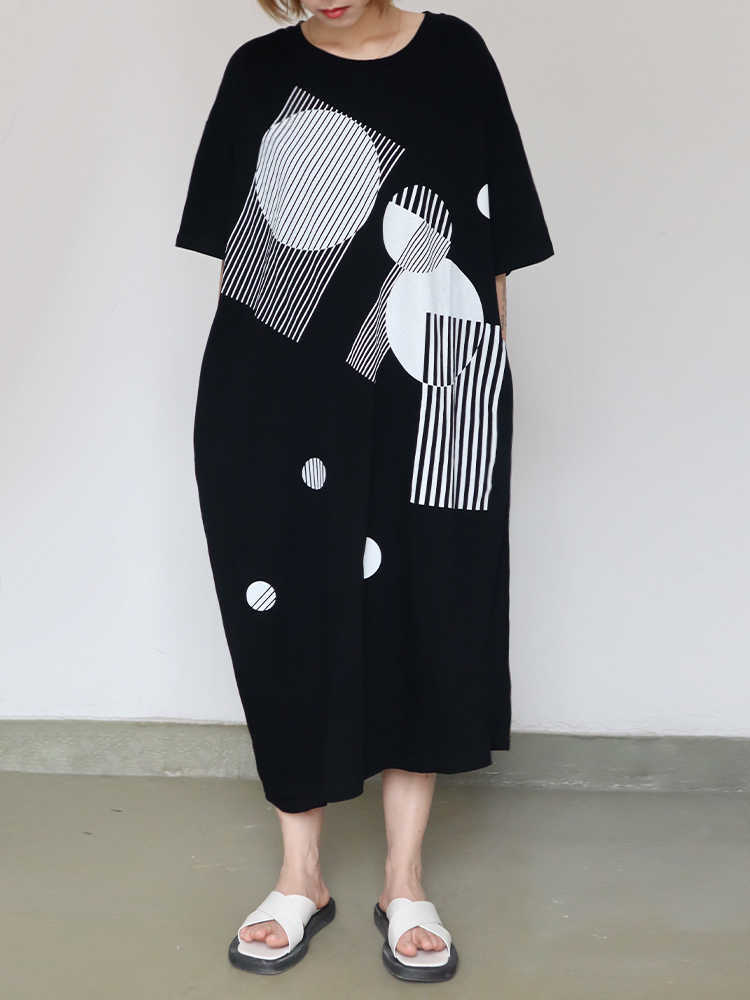 

VANOVICH Summer Print Irregular Ladies Dress Cotton Short Sleeve Round Collar Pluz Size Korean Style Women Clothing 210615, Black