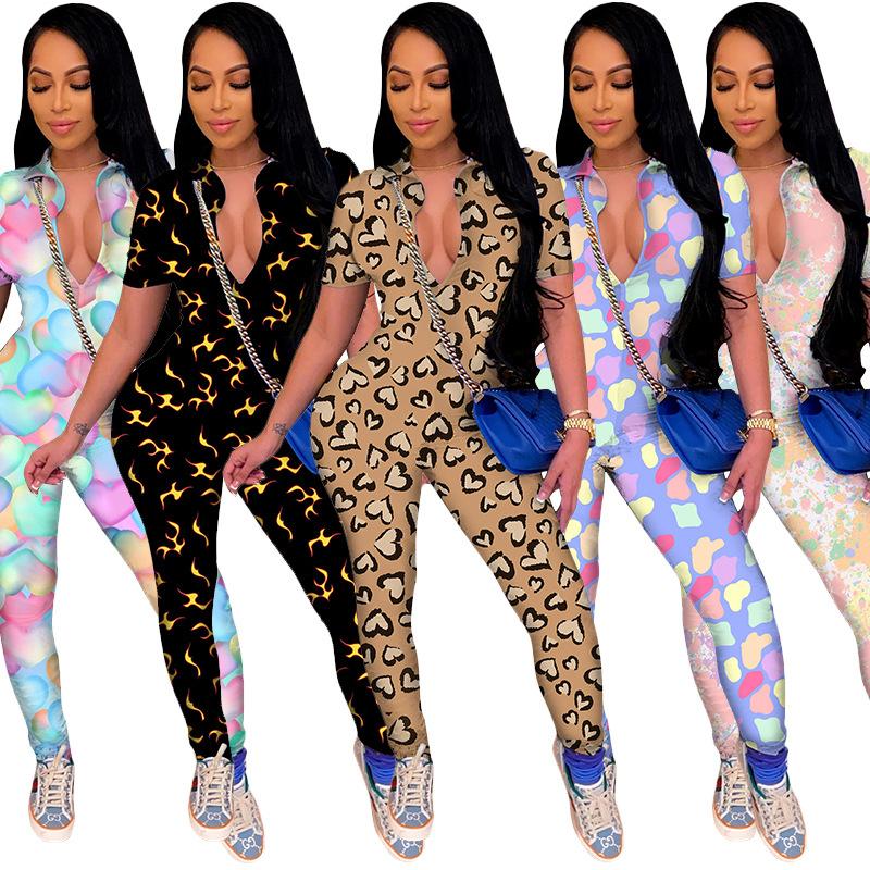 

Women's Jumpsuits & Rompers Print Sexy Short Sleeve Bodycon Jumpsuit Women Overalls Streetwear One Piece Active Wear, Black;white