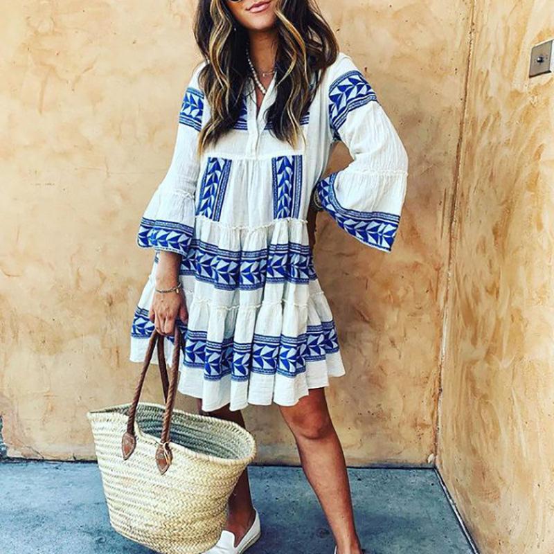 

Casual Dresses 2021 Blue Printed Dress Women Summer Nine Quarter Sleeve Loose V Neck Female Elegant Retro Stripe Short Holiday