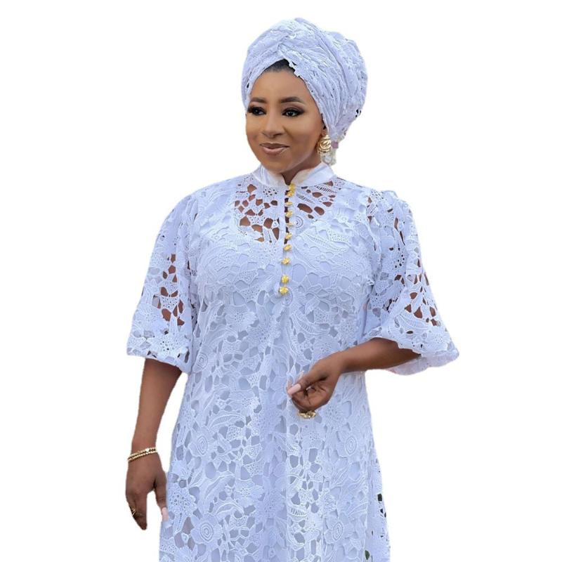 

Ethnic Clothing 2021 White African Clothes For Women Maxi Dress Hollowed Out Water Soluble Lace Plus Size Robe Femme Nigerian