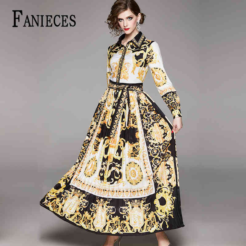 

Runway Maxi Dresses Women High Quality Collar Vintage Print Floor Length Long Party Dress Vestidos Robe Femme drop 210520, Gold