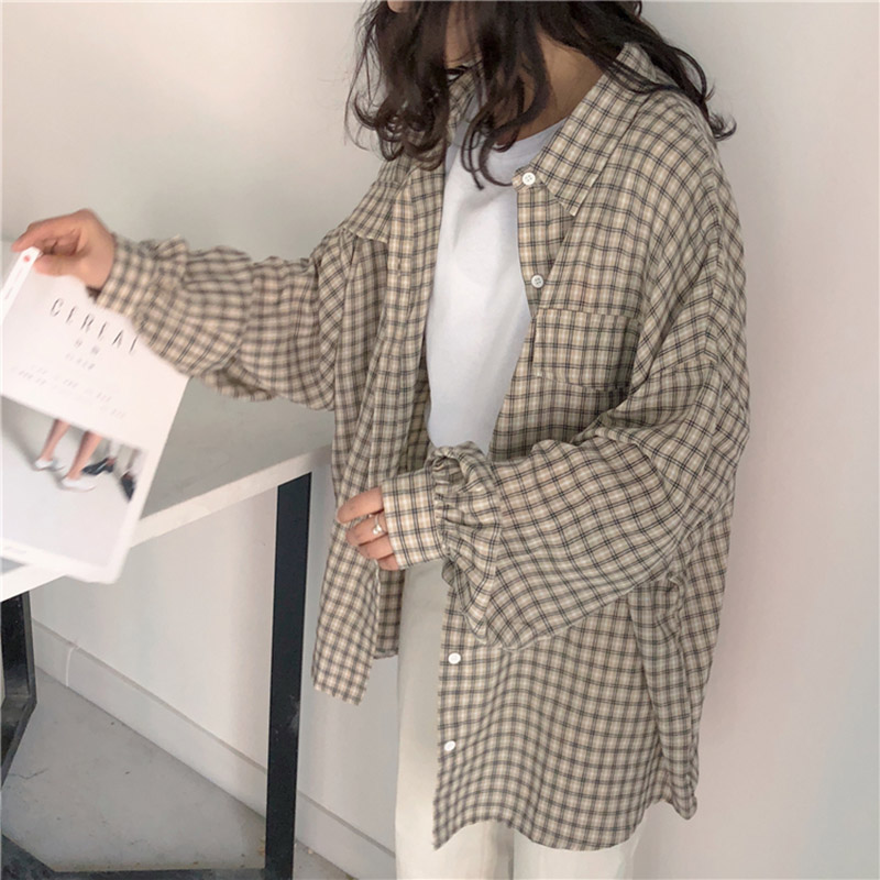 

QNPQYX Women Shirts Kawaii Simple Casual Plaid Loose Blouses Korean Style Daily All-match Harajuku Cute Womens Clothing Vintage, Gray