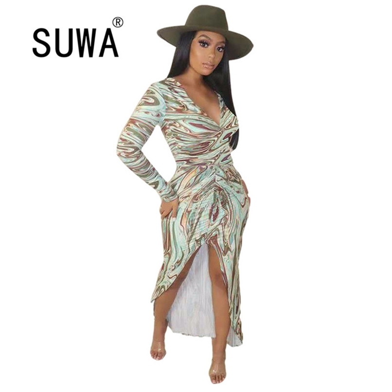 

French Style Elegant Dresses For Women Tie Dye Deep V Neck Long Sleeve Evening Party And Wedding Gowns Free 210525, Multi