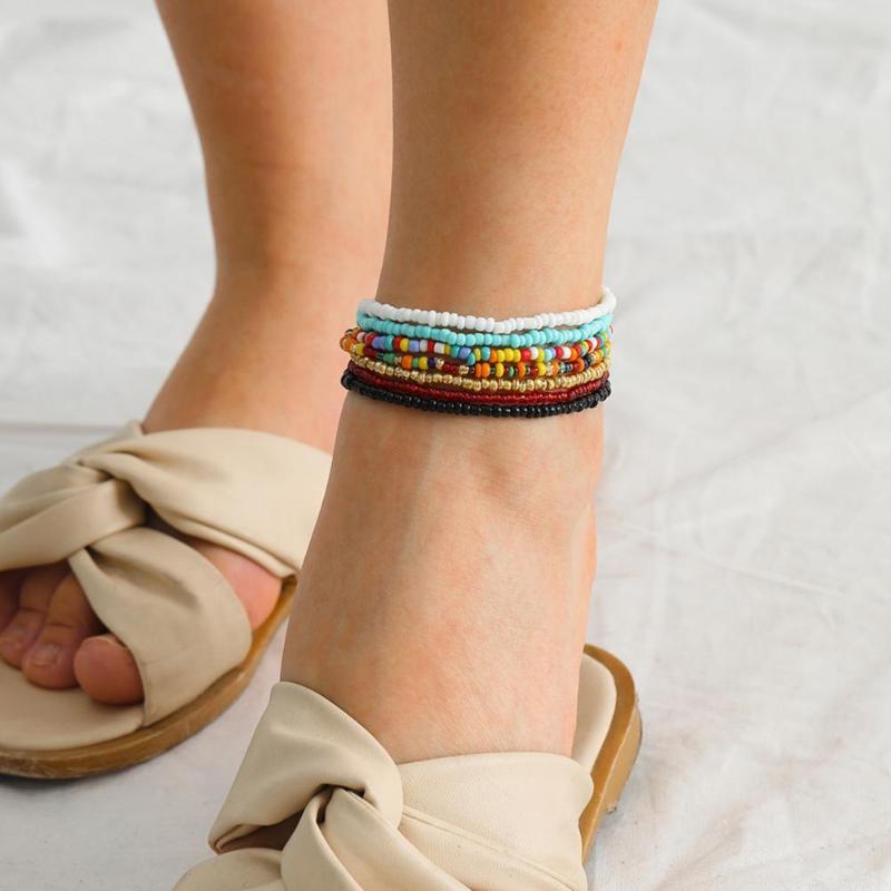 

Bangle Women 7Pcs Colorful Elastic Contrast Color Beads Anklets Bracelets Accessory Handmade Bohemian For Travel