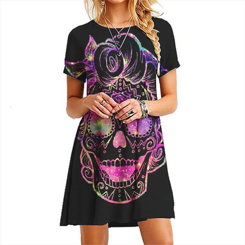 

slim plus size 3d creative womens dress print skull pattern short sleeve casual summer street vestidos, Black;gray