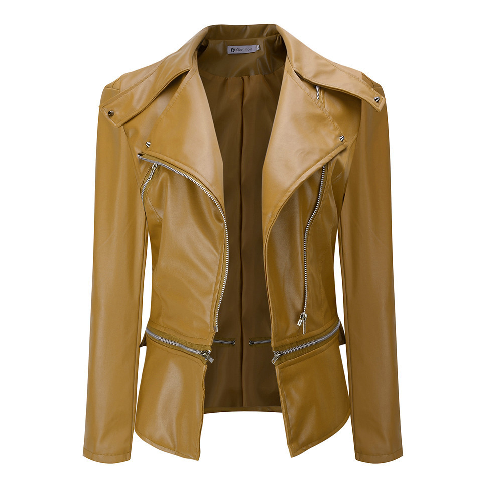 

QNPQYX New fashion Autumn Streetwear Women's Motorcycle Leather Jacket Coat Zipper Two Wear Faux Leather Jackets, Beige