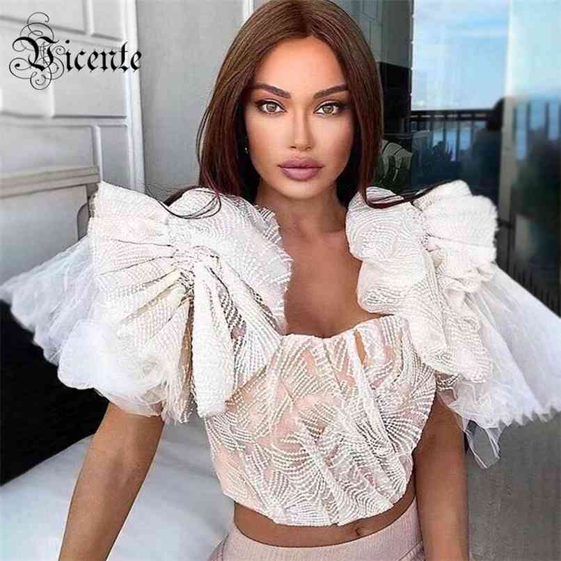 

Trendy Beige Crop Tops Sexy Off Shoulder Embroidery Ruffles Design Celebrity Party Club Women T-Shirts Free 210520