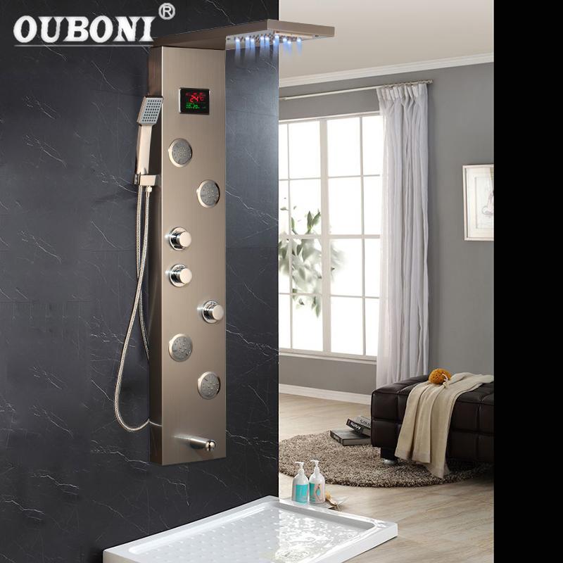 

Nickel Brush Digital Display Shower Panel Column LED Head Dark Grey Rainfall Spa Jets Bath Mixer Faucet Bathroom Sets
