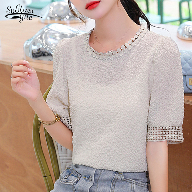 

Casual O Neck Plus Size Women Blouse Summer Short Sleeve Chiffon Shirt Pleated Apricot Purple Tops Blusas 10205 210521