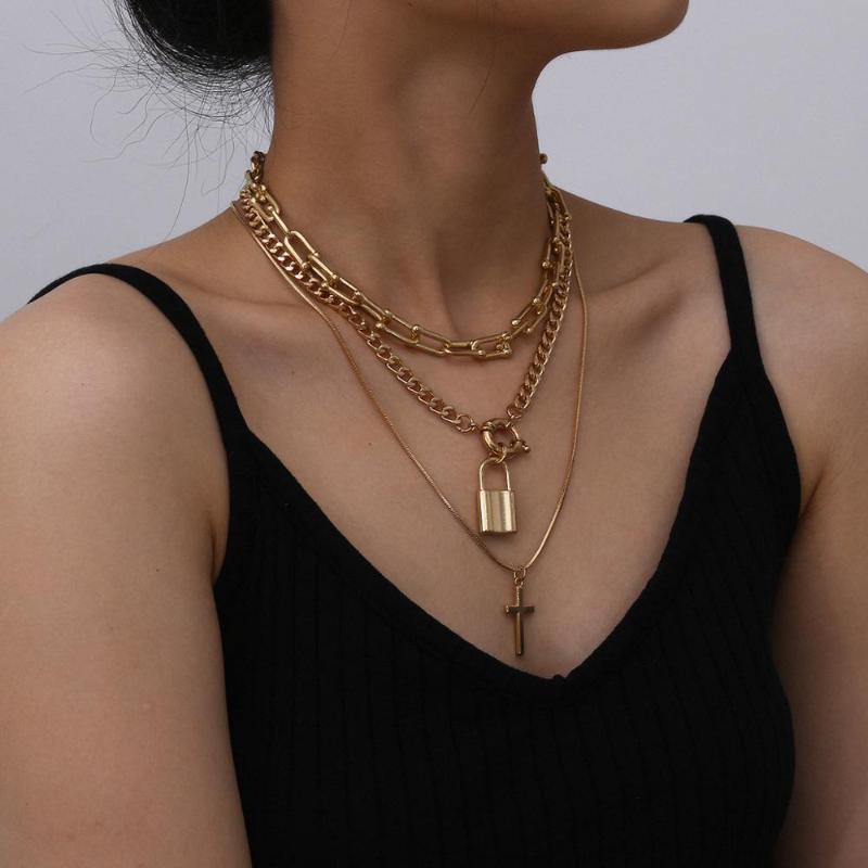 

Pendant Necklaces Hip Hop Rock Multilayer Cross Necklace Ladies Punk Metal Padlock Gothic Steampunk Fashion Couple Jewelry Gift