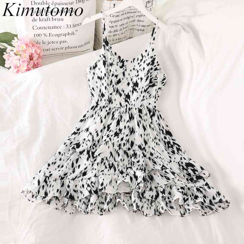 

Kimutomo Gentle Ruffles Print Dress Female Korean Style Summer Girls Sweet V-neck Slim Waist Spaghetti Strap Vestidos 210521, Long dress
