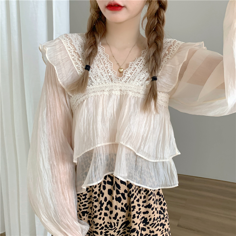 

chiffon blouse shirt preppy style long sleeve blouse autumn hollow out women V neck long sleeve tops 2021 (W63586), White