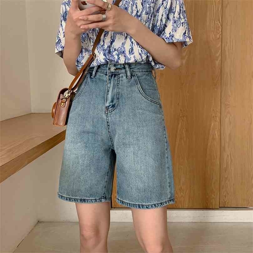 

Summer Wide Leg Jeans Pants Woman Streetwear Vintage Blue Denim Shorts High Waist Straight 210525