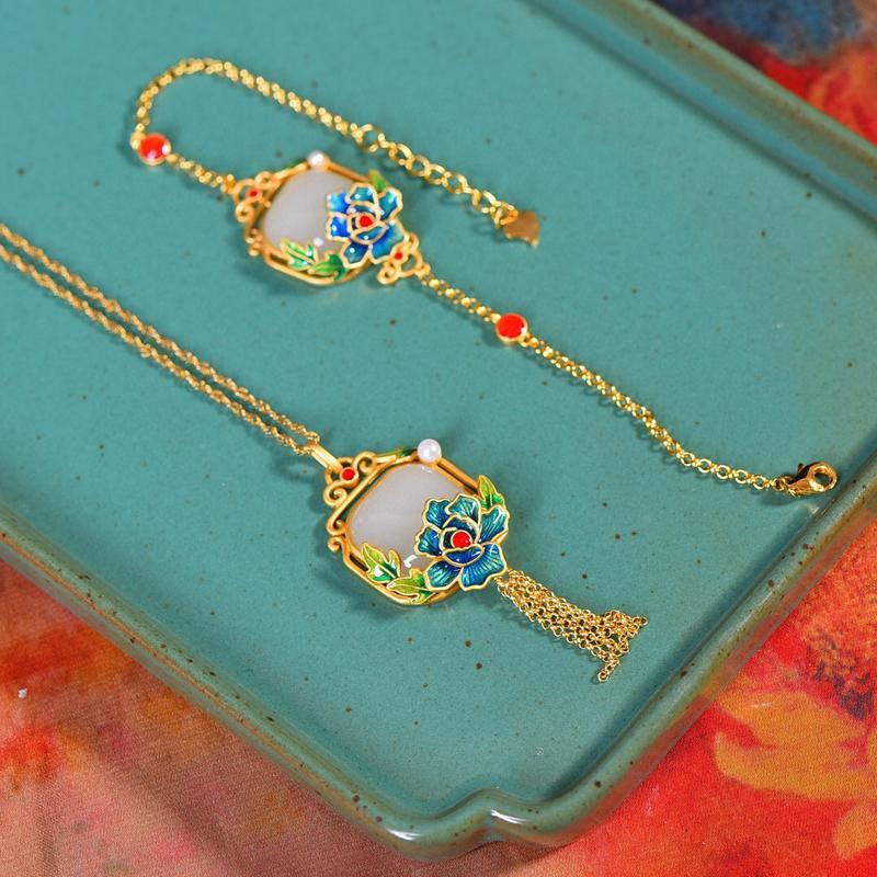 

earrings & necklace vintage enamel jewelry charm tassels flower pendant inlaid hetian stone bracelet for women wedding anniversary gift, Silver