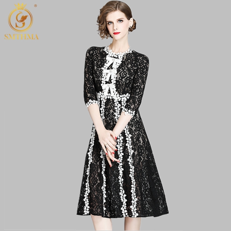

Elegant Black Lace Dress Women Spring Half Sleeve Long es Bow Diamond Patchwork Summer Vestidos 210520, Photo color