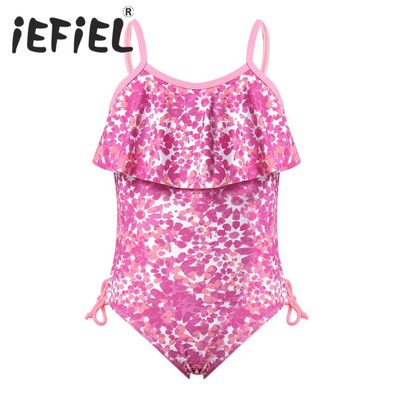 

Kids Girls Floral Pattern Swimsuit Beachwear One Piece Halter With Ruffle Trim Adjustable Spaghetti Strap For Swimwear One-Piece Suits