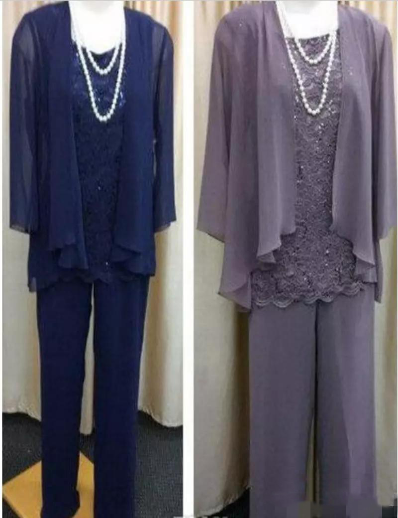 

Elegant Chiffon Mother of the Bride Pants Suits Jacket Long Sleeves Lace Beaded Custom Made Plus Size Formal Evening Wedding Party Dresses