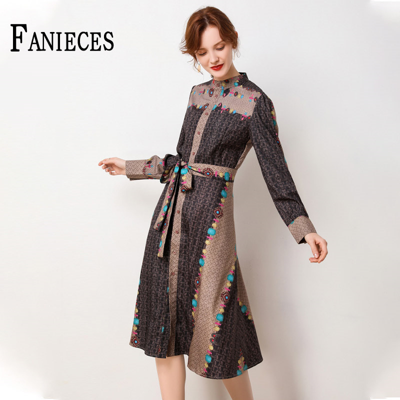 

Flower Print Runway Dresses Spring Autumn Woman Long-sleeved Patchwork Party Retro Dress robe vestido de mulher 210520, Brown