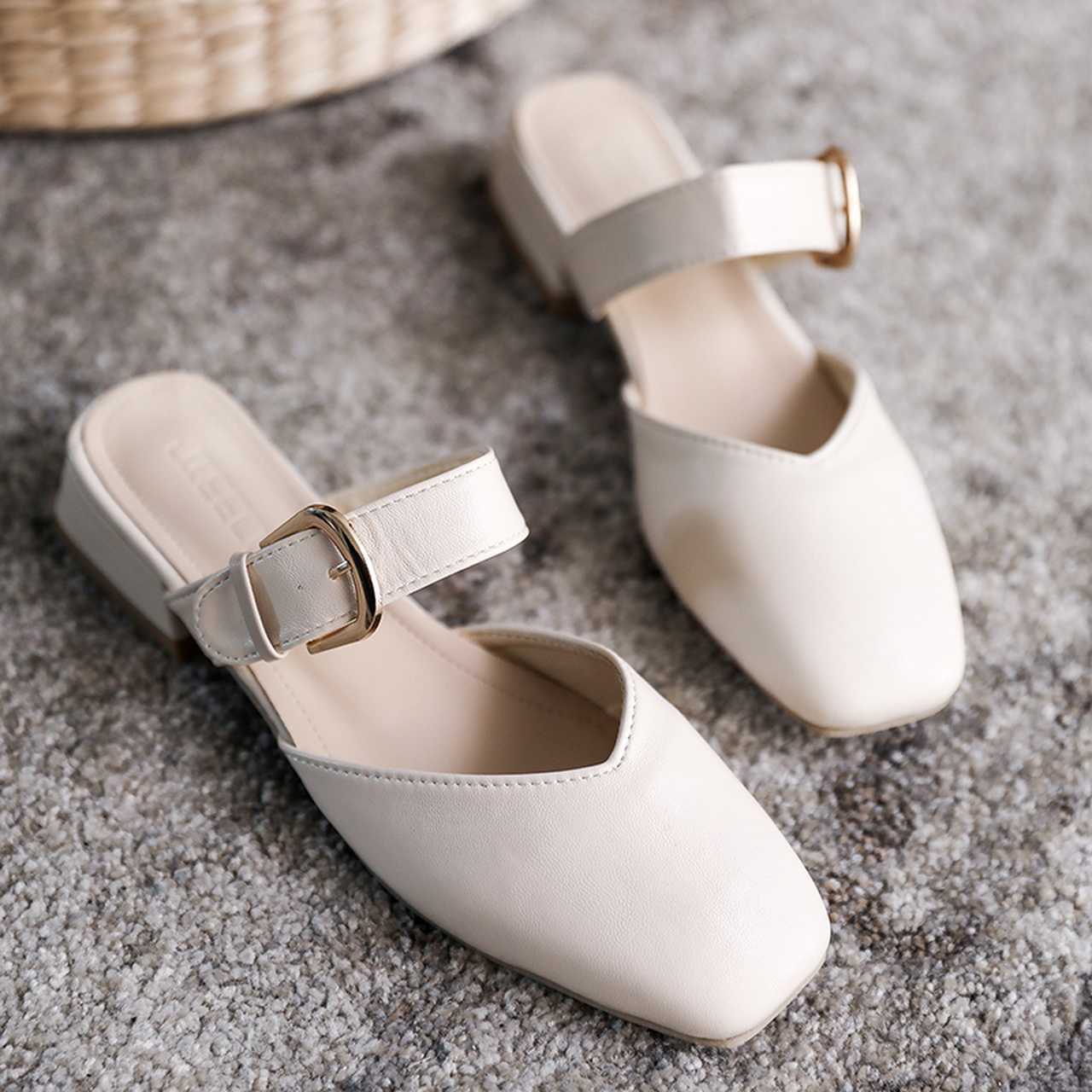 

Fairy style sandals Baotou half slippers Muller shoes 2021 summer new heelless sandals and slippers thick heel women's shoes H0827, Apricot