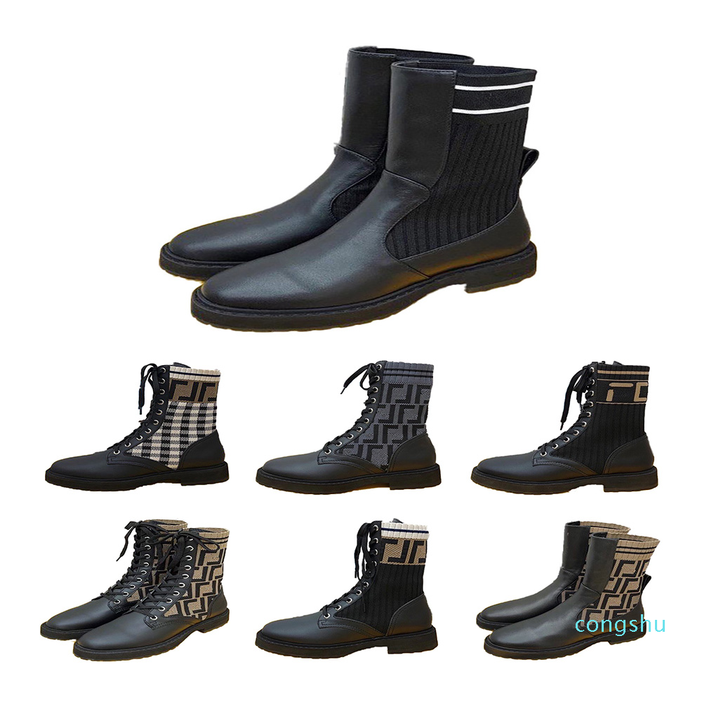 

High Quality Womens Boots Luxury Designer Shoes ROCKOKO Black leather biker Shoe with stretch fabric original FF, Type 8