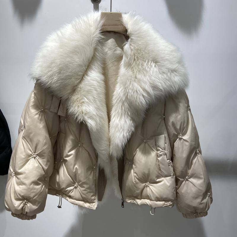 

Women's Fur & Faux Women Winter White Duck Down Jacket And Coat With Genuine Sheep Leather Lamb Collar Real Big Loose Thi, Black