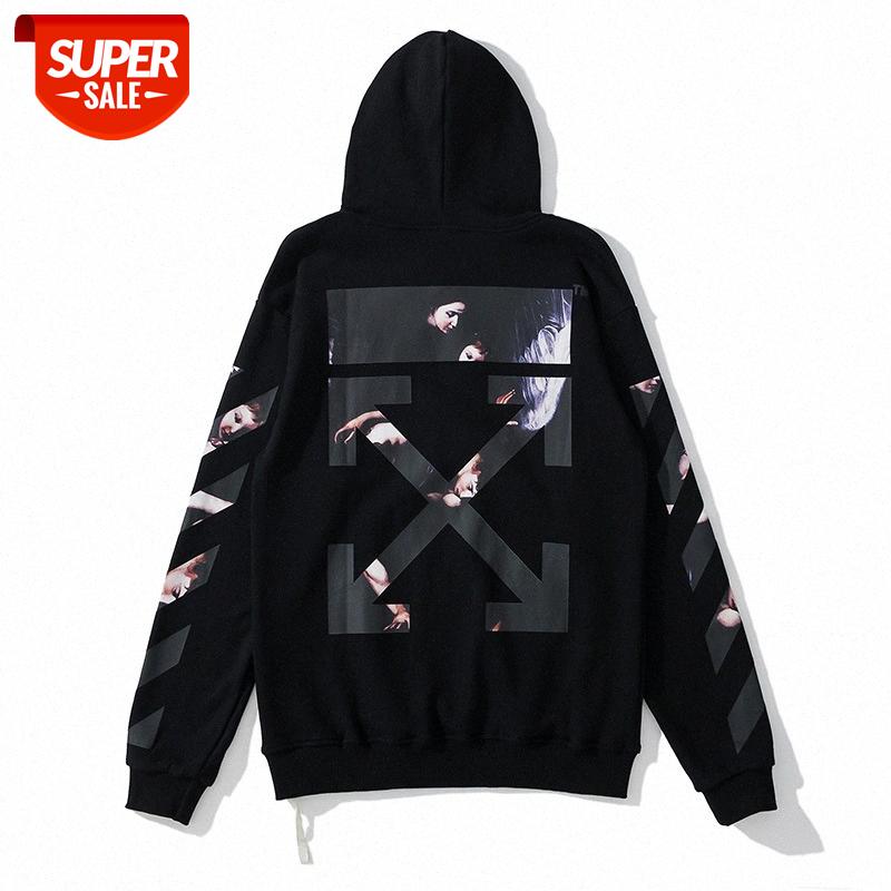 

Tide brand OFF religious diagonal stripes OW dark hip-hop WHITE arrow cotton hooded sweater men and women #Yx6m, Black