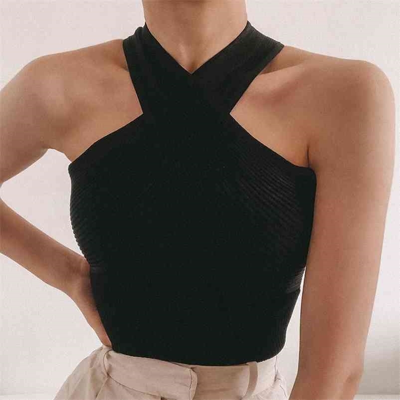 

Flower Sexy cross halter knit sling Summer Women Casual Wild Home Clothing Streetwears 210524, Black