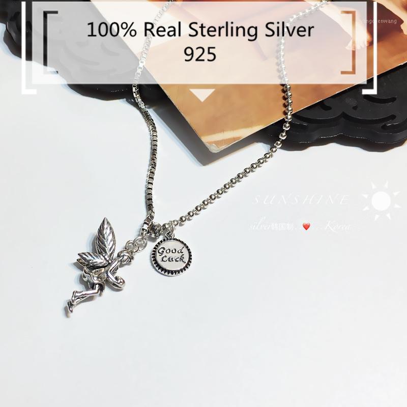 

100% 925 Sterling Silver Jewelry Fairy Pendant Necklace INS Vintage Handmade Good Luck Halskette Cadenas De Plata Collier Argent Chains
