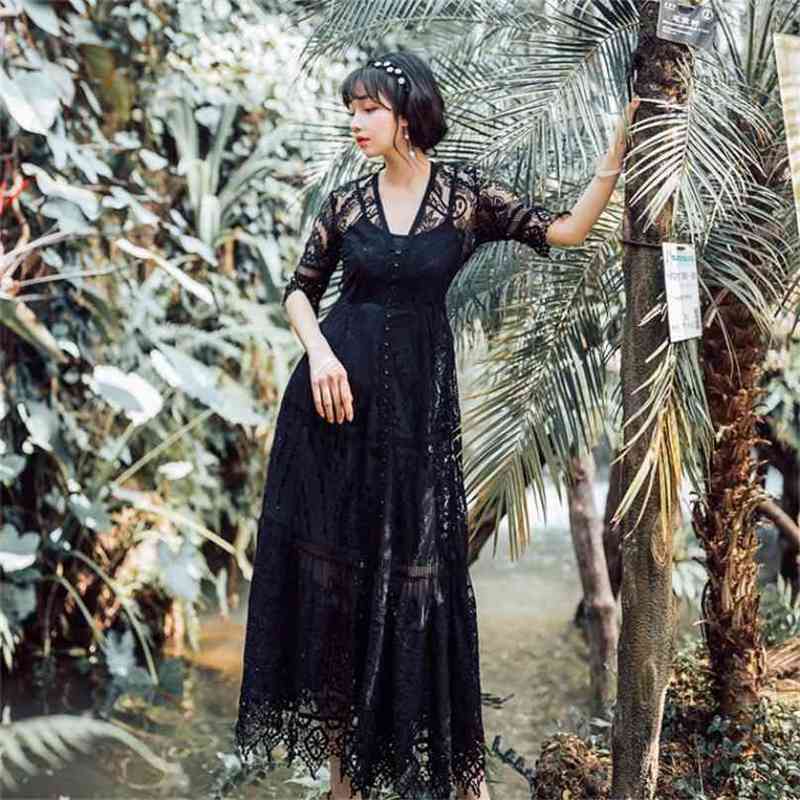 

Summer White Women Dress Black Slim Party 2piece Female Vestido Vintage Lace V-neck Short Sleeve Mid-calf Long 210603