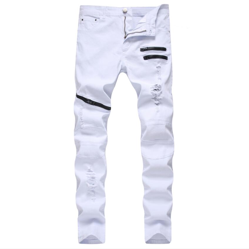 

2021 High quality Mens jeans Distressed Motorcycle biker Rock Skinny Slim Ripped hole stripe Fashionable Zipper design Denim pants, Color 3
