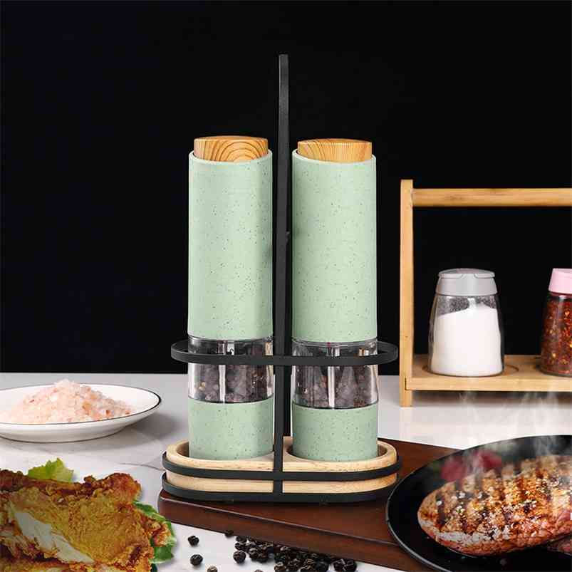 

Wheat Straw Electric Salt Pepper Grinder Set LED Light Automatic Spice Herb Mill Adjustable Coarseness Ceramic Core Kitchen Tool 210611