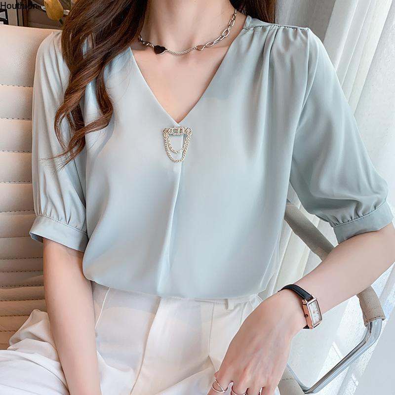

Women' Blouses & Shirts Houthion Chiffon Slim Casual Blusas Fashion Short Sleeve Top Solid Color Metal Sheets V-neck Pullover Summer, Blue