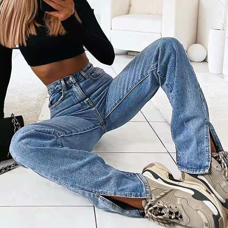 

women's jeans vintage straight leg women's brem pants autumn blue belt high asymmetric pitchfork loose elegant streetwear casual d