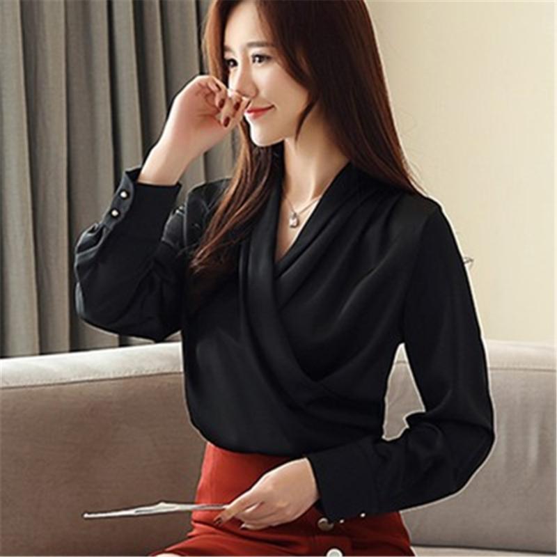 

Women's Blouses & Shirts 2022 Korean Fashion Clothing Long-sleeved Shirt V-neck Chiffon Blouse Solid Color Women Tops Blusa Feminina PZ3260, White