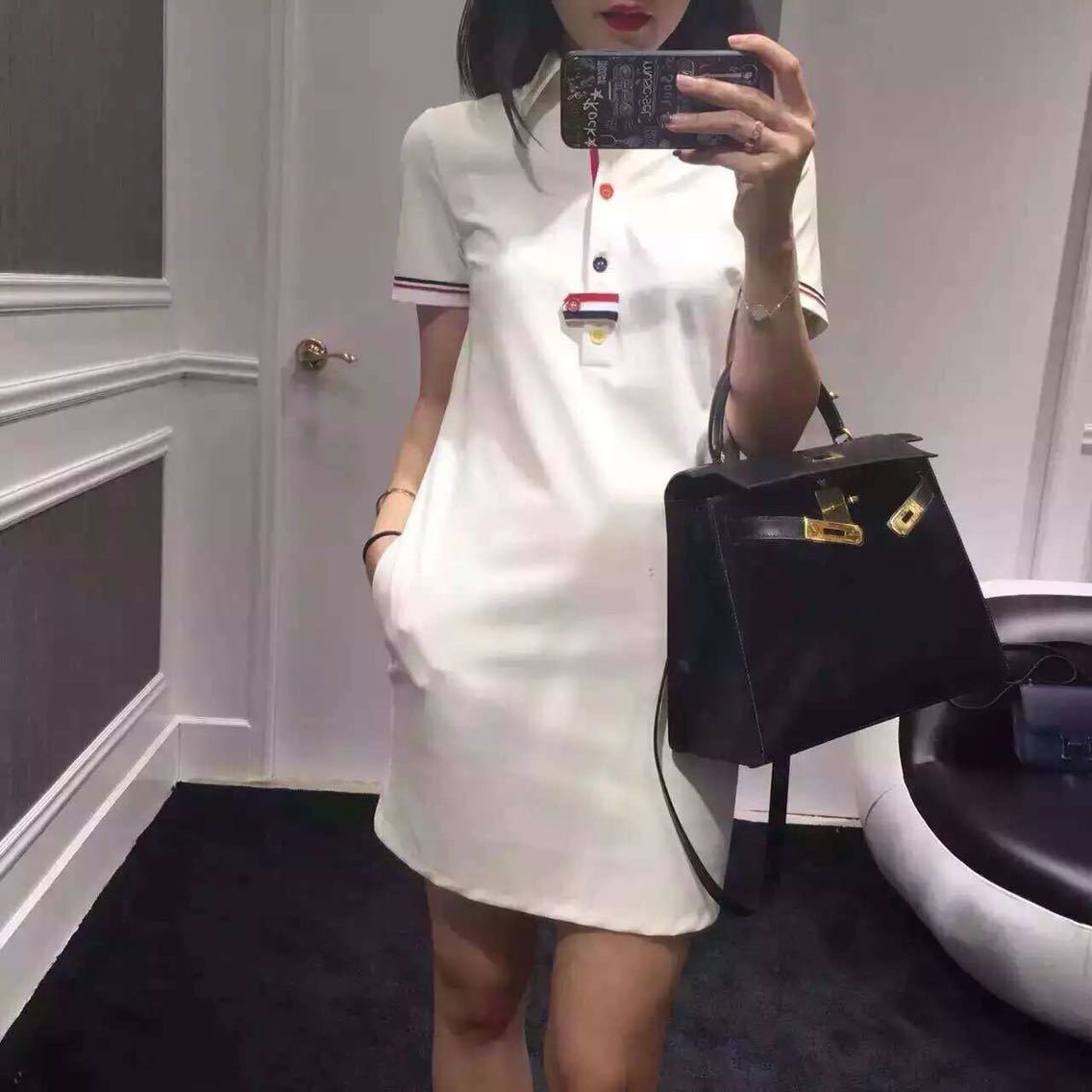 

21 spring and summer new style casual short sleeve slim fit bag hip thin Polo Lapel A-line skirt knitted dress, White
