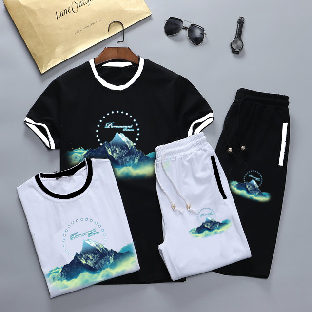 

Summer Running Tracksuits Classic Plaid Stitching Slim Fit Suit Fashion Printed T shirts Pants Suits 2pcs Beach Sportswear, Gray