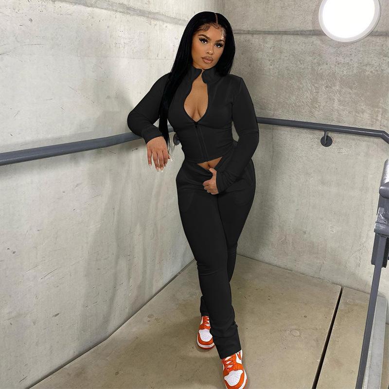 

Women's Two Piece Pants Fall Casual Fitness Women Tracksuit Turtleneck Zipper Tops+Skinny Pieces Set Workout Matching Sportswear, White